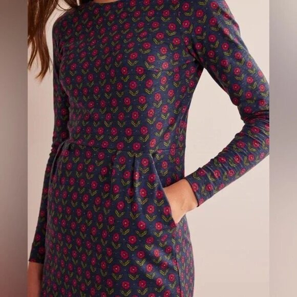 Boden Penelope Jersey Long Sleeve Dress Navy Daisy Foliage Size 10 Petite - Picture 4 of 16